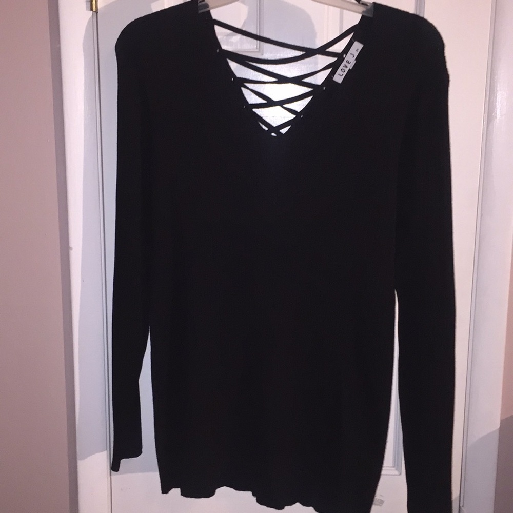Love J black, long sleeve ribbed lace up sweater